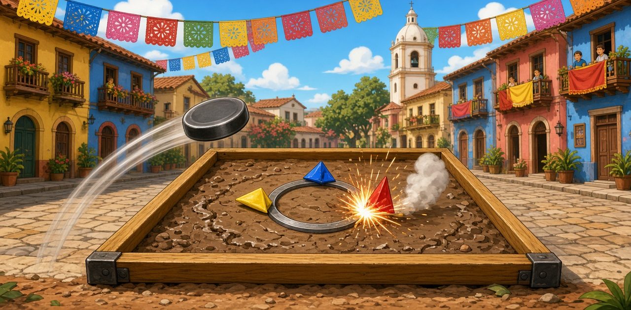 A metal tejo puck flies toward a clay board in a colorful Colombian plaza while a mecha explodes
